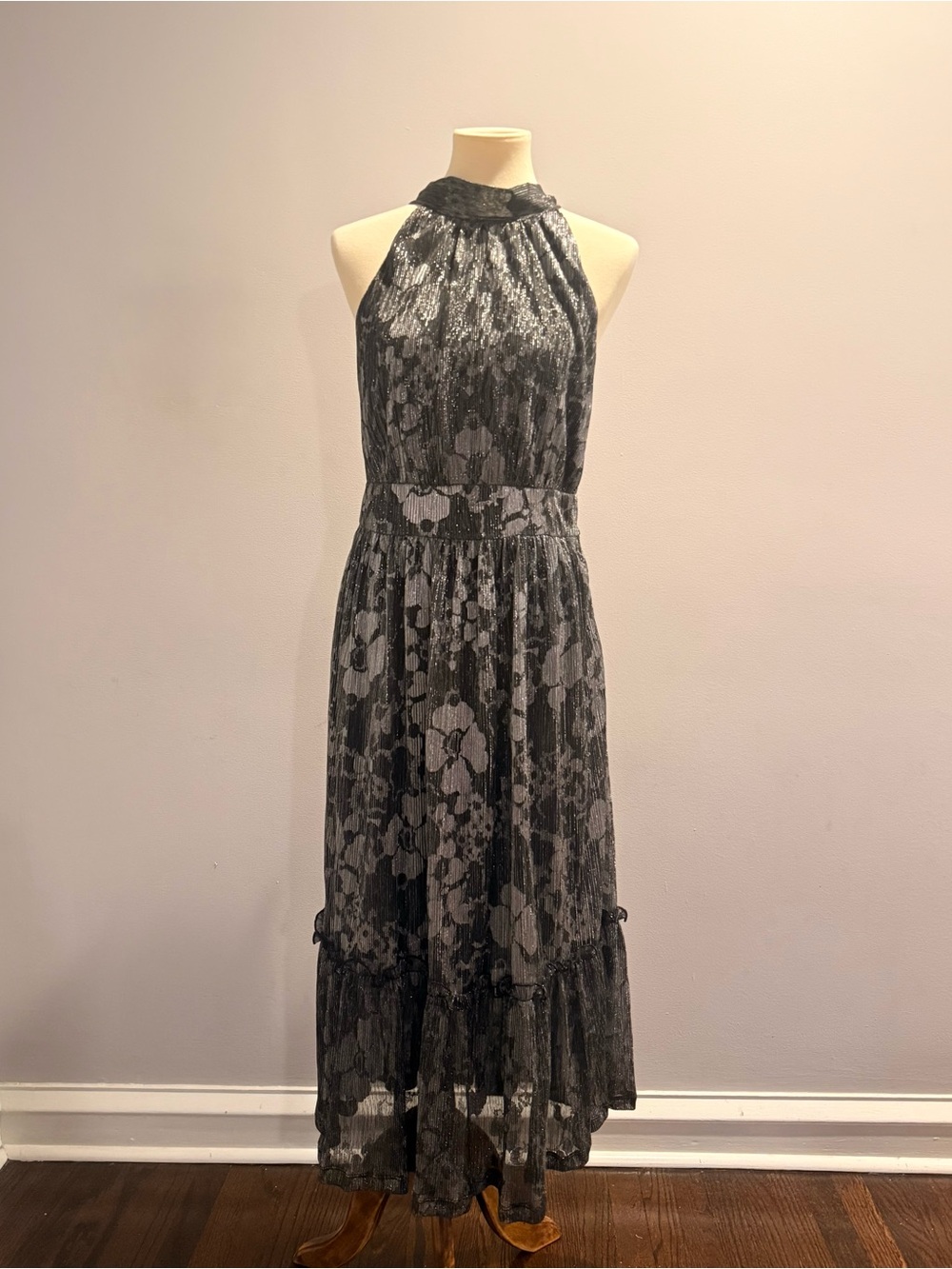 Michael Kors Black and Gray Lace Halter Midi Dress